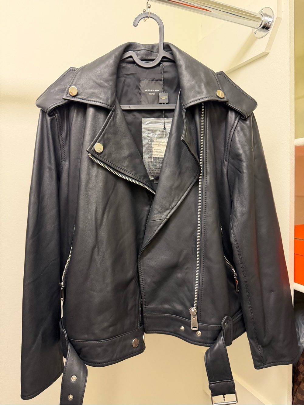 NWT Weekend Max Mara Black 100% Sheep Leather Biker Jacket Moto Sz 2